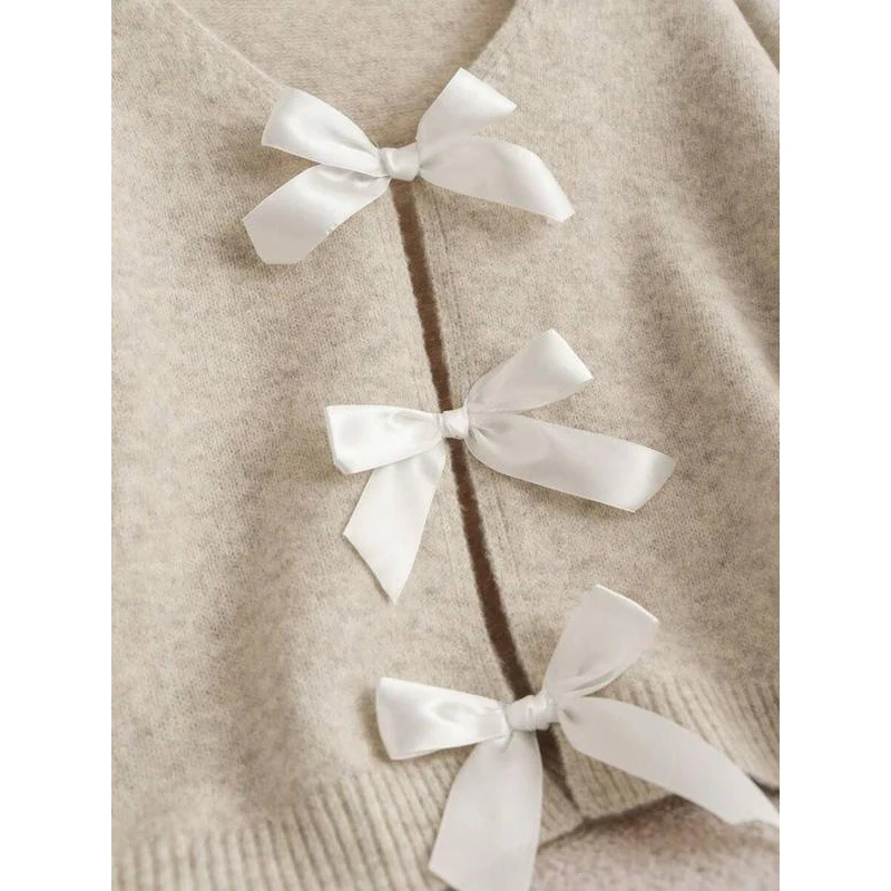 Rylee Bow Oversized Cardigan In Beige - Image 4