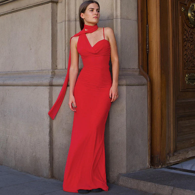 Saddle Statement Bodycon Dress With Attached Scarf In Red - Image 2