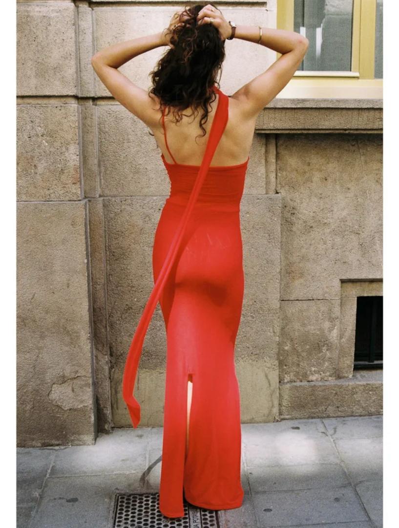 Saddle Statement Bodycon Dress With Attached Scarf In Red - Image 4