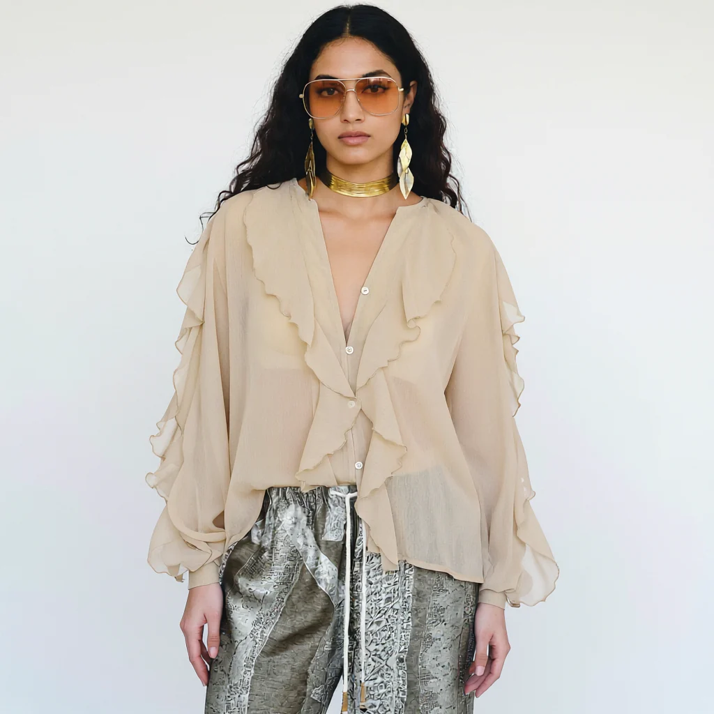 Saga Ruffled Top In Beige - Image 3