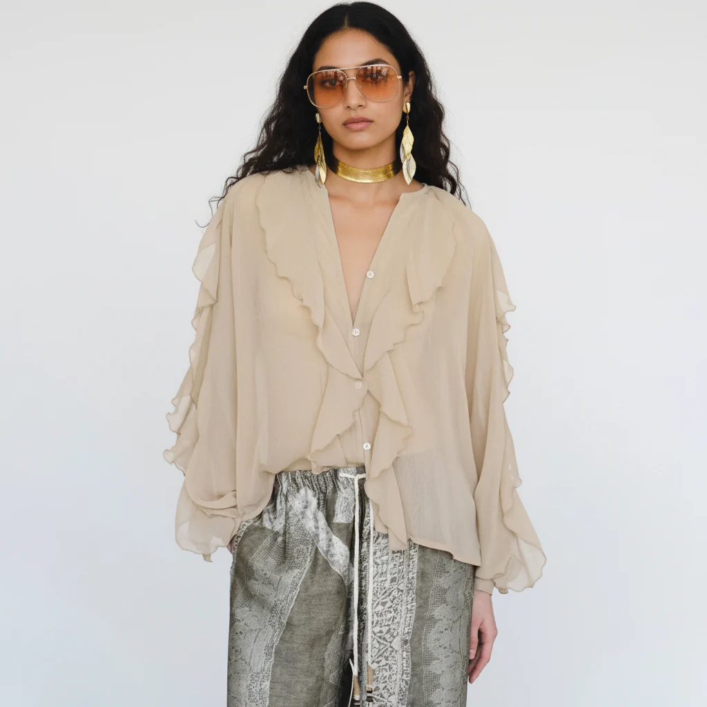Saga Ruffled Top In Beige - Image 4