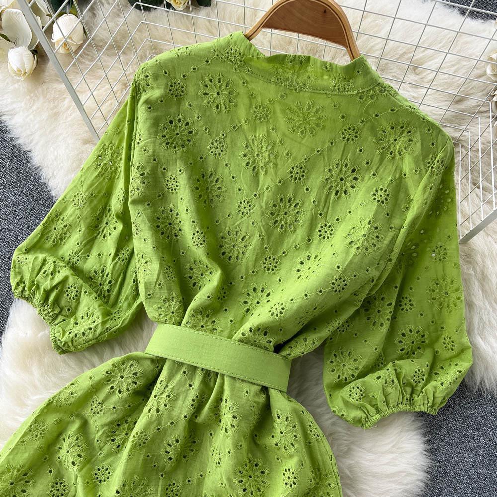Sansa Eyelet Cotton Dress In Green - Image 3