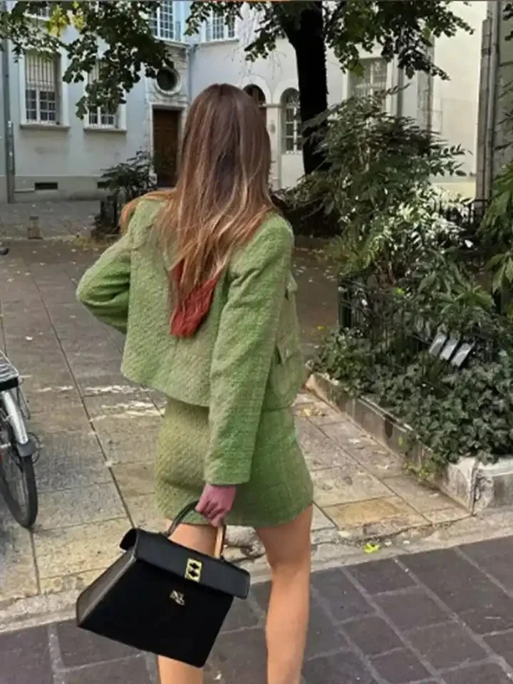 Sare Luxe Tweed 2 Pc Set - Set of Jacket and Skirt In Olive - Image 2