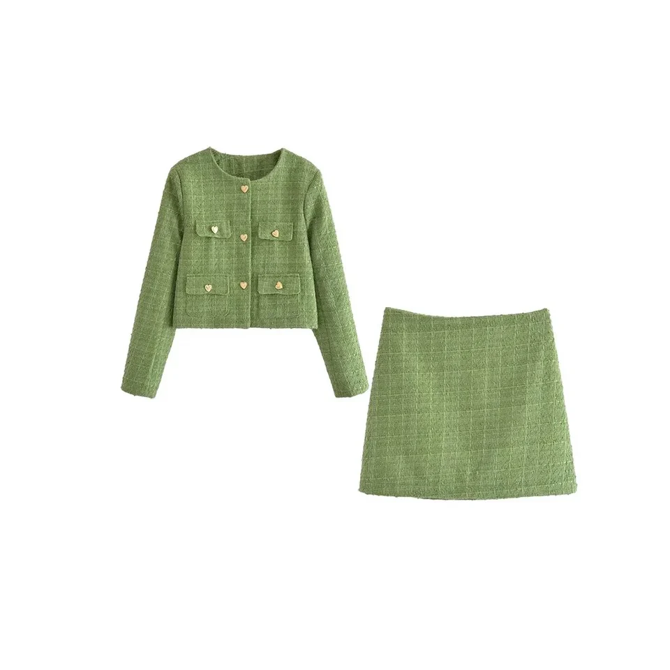 Sare Luxe Tweed 2 Pc Set - Set of Jacket and Skirt In Olive - Image 3