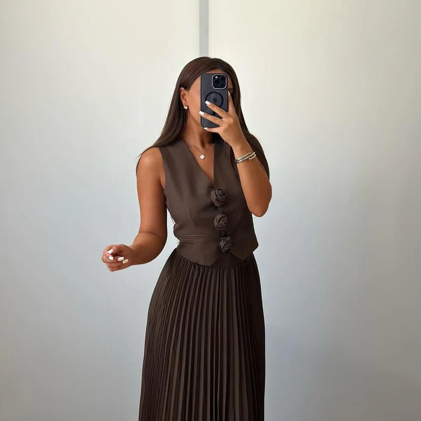 Sarine Luxe Vest Suit With Skirt In Brown - Image 2