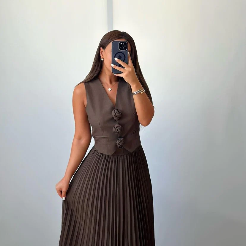 Sarine Luxe Vest Suit With Skirt In Brown - Image 3