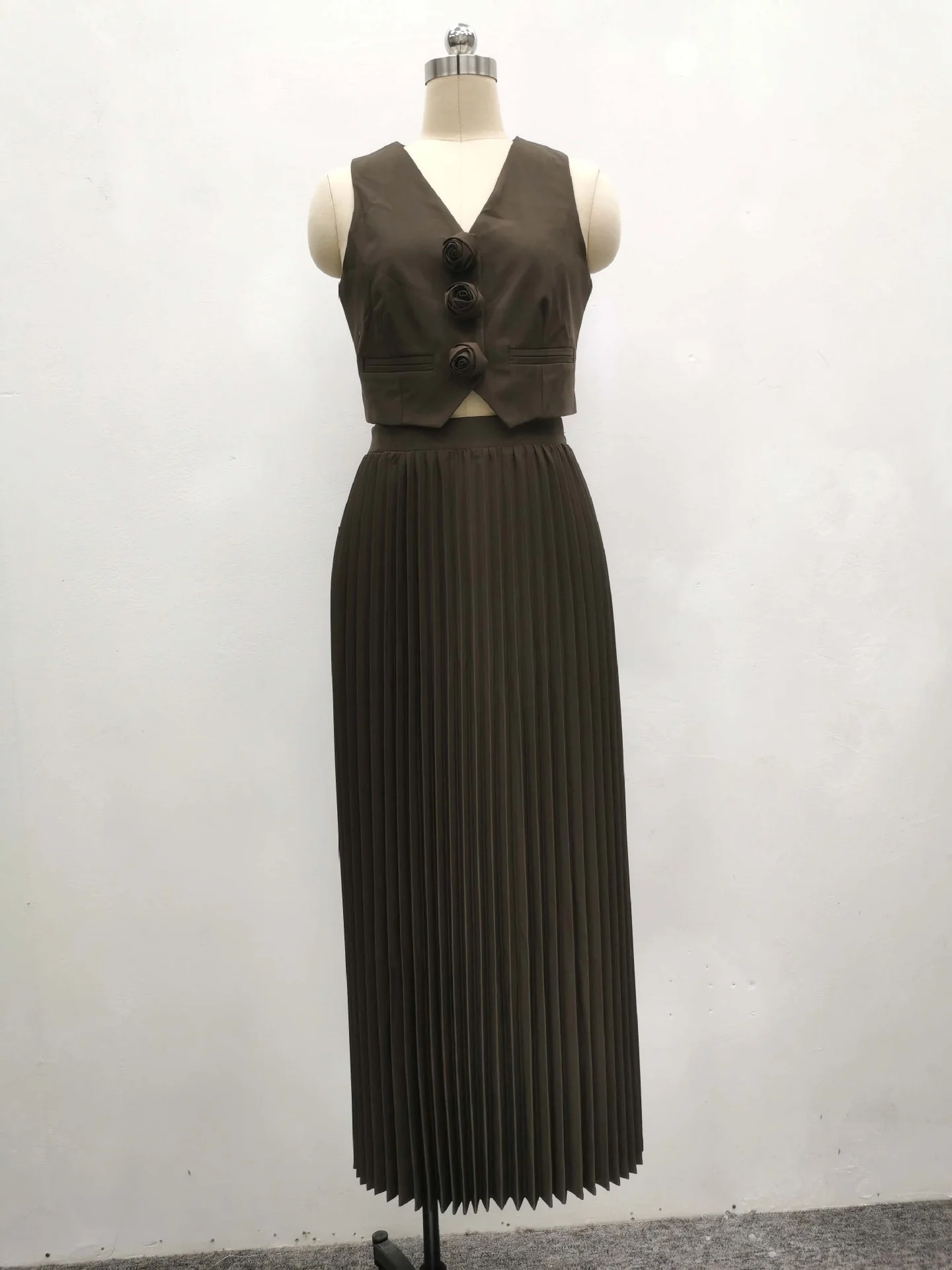 Sarine Luxe Vest Suit With Skirt In Brown - Image 5