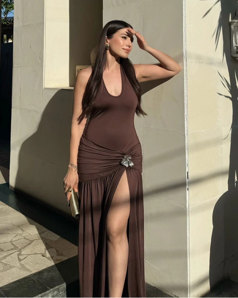 Serafina Luxe Slit Cut Maxi Dress In Brown - Image 3