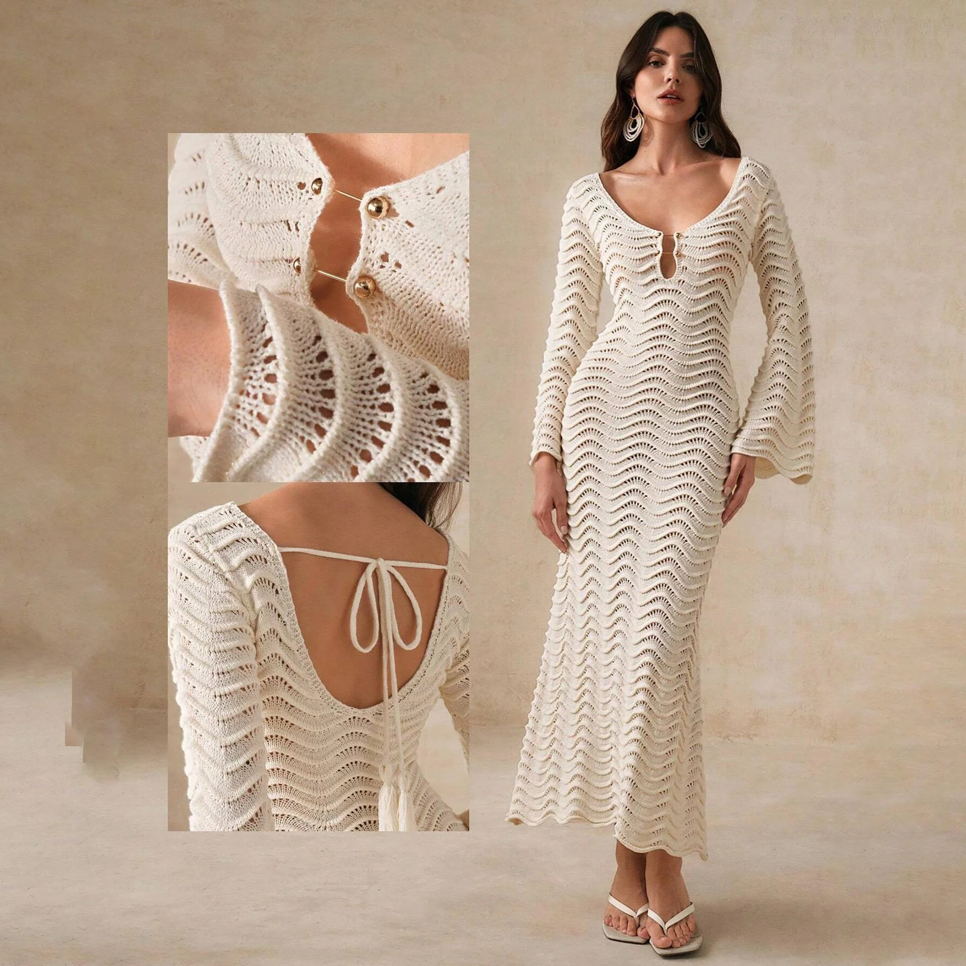 Shirly Luxe Crochet Knit Dress -Resortwear In Beige - Image 3