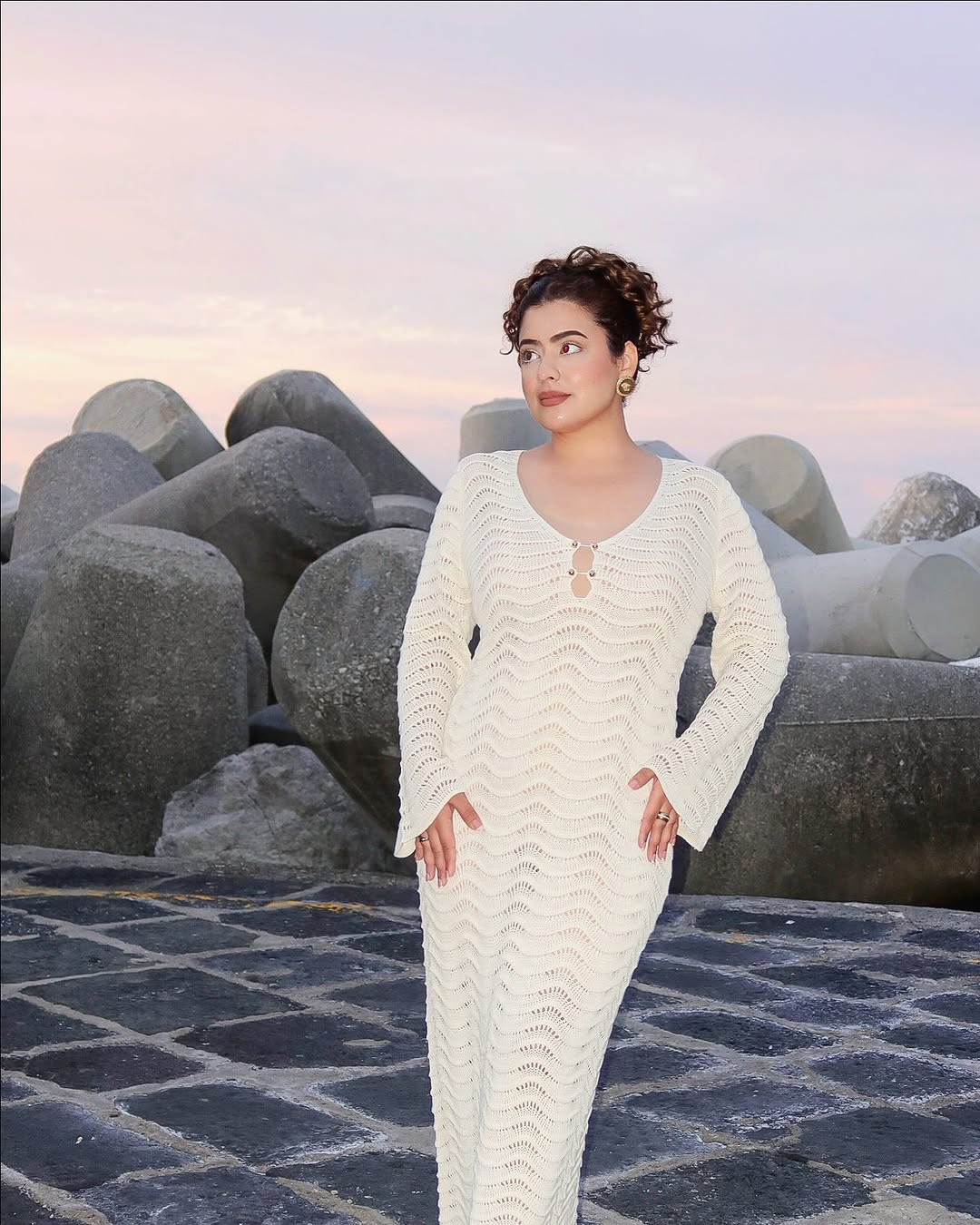 Shirly Luxe Crochet Knit Dress -Resortwear In Beige - Image 7