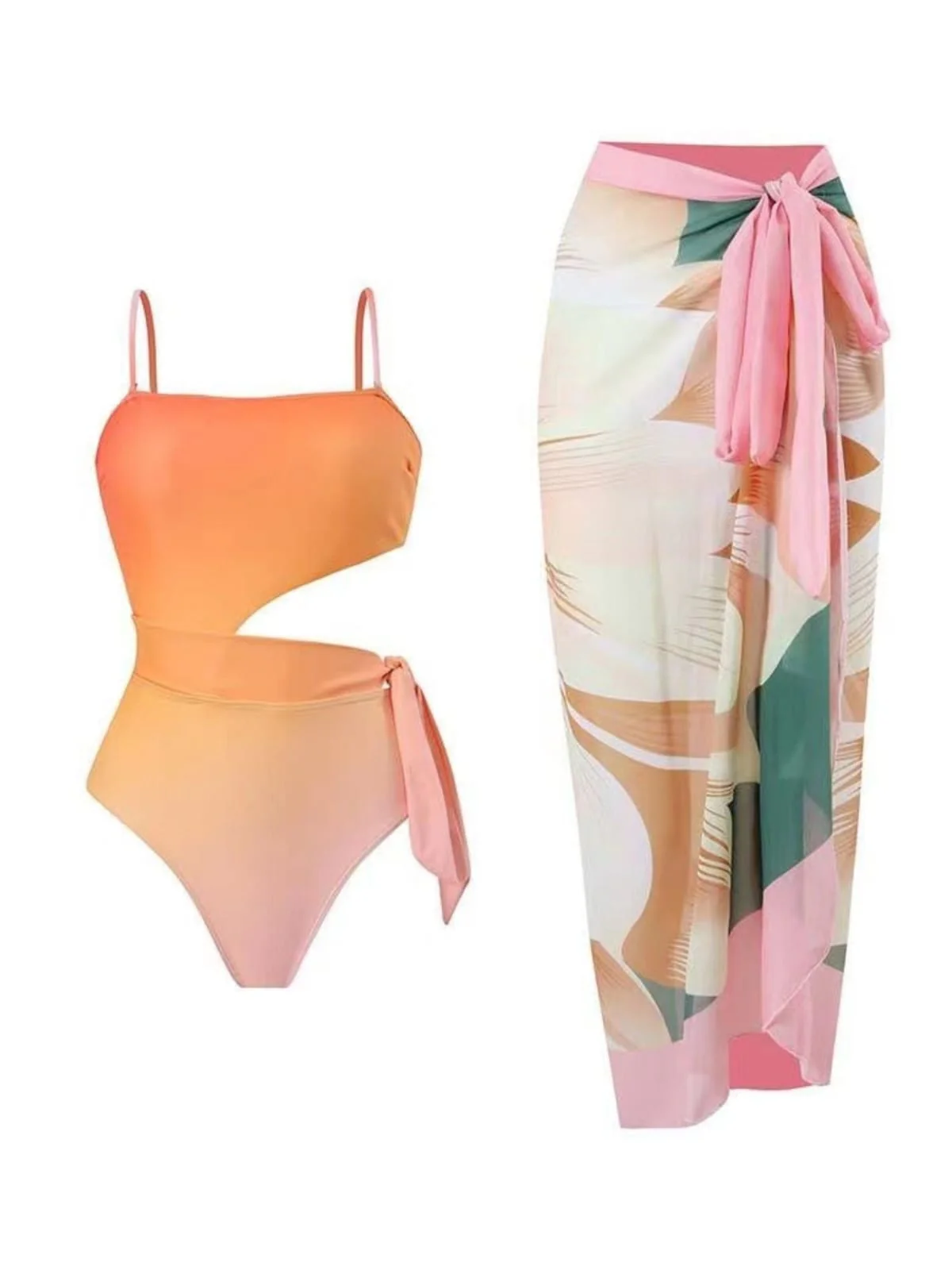 Sunset Swimsuit With Sarong In Orange - Image 7