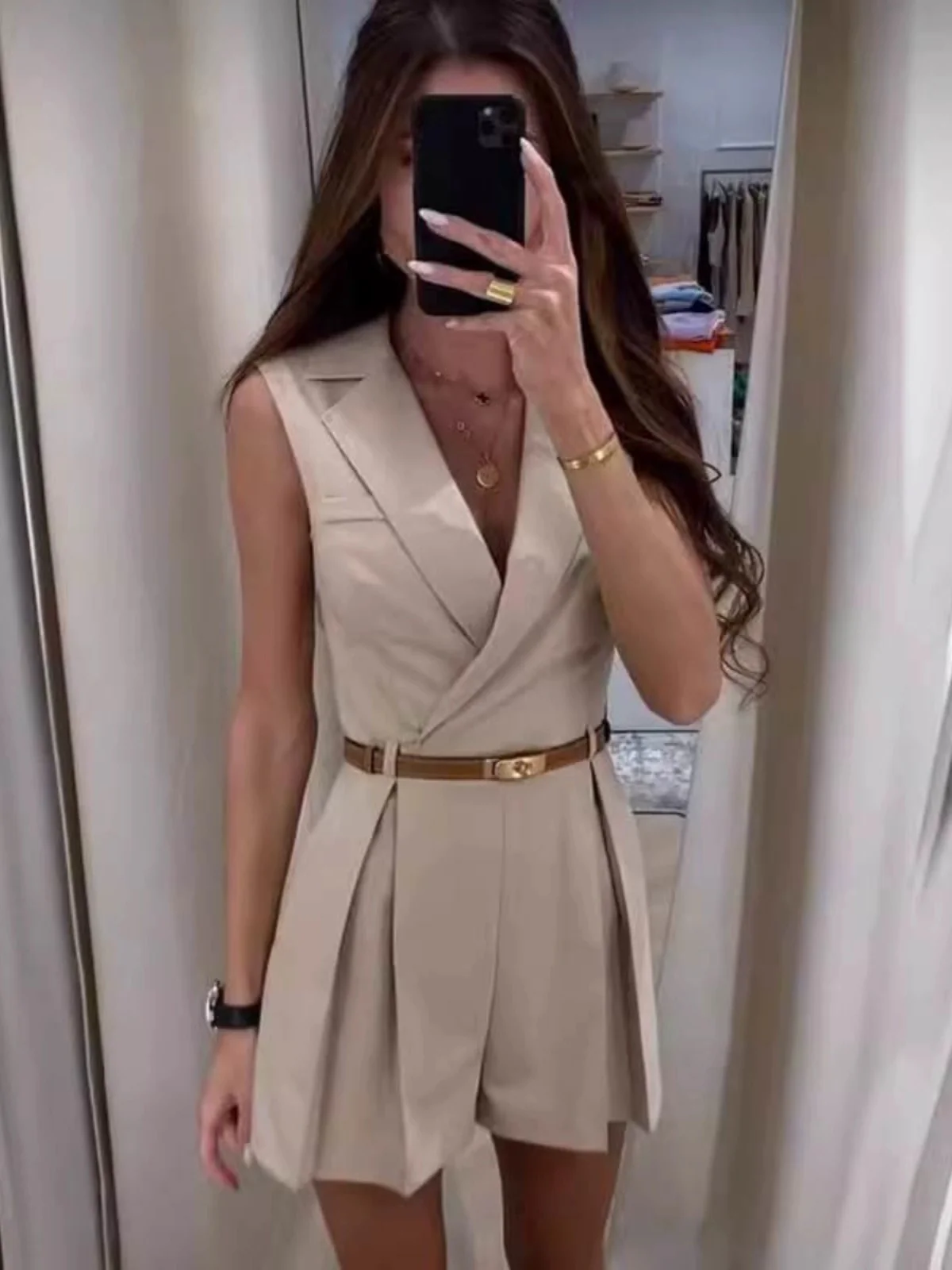 Vaco Statement Romper with belt In Beige - Image 5