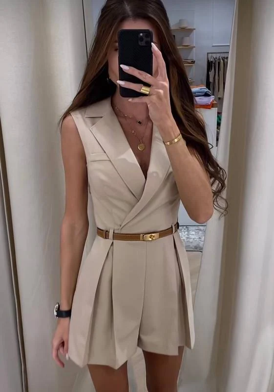 Vaco Statement Romper with belt In Beige - Image 2