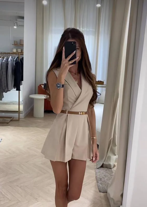 Vaco Statement Romper with belt In Beige - Image 4