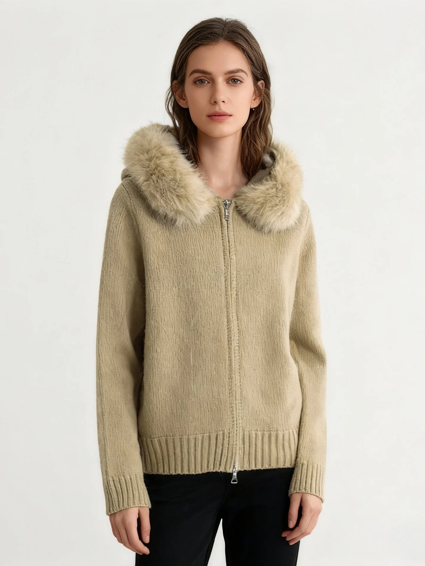 Zeta Fur Woolen Jacket In Brown - Image 4